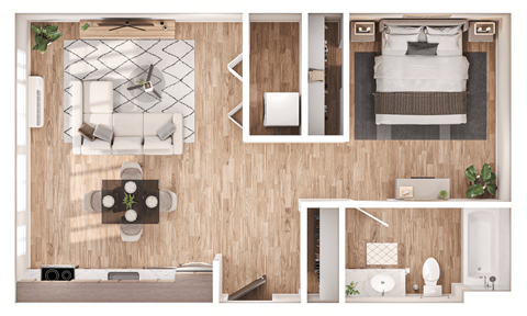 Floor plan for 1 bed, 1 bath, 575 sqft